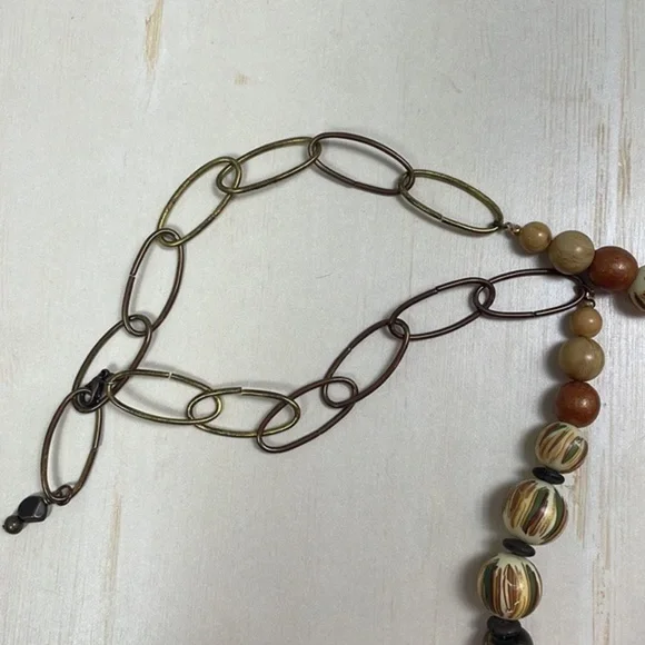 ICervoni Creations Boho Wood, Resin, and Chain Beaded Long Necklace, 36” Long